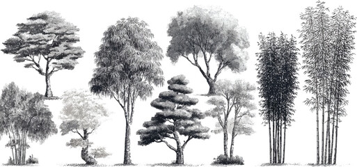 Fototapeta premium Collection of detailed black and white botanical of various trees and bamboo stalks 2