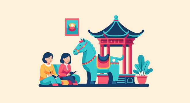 Two people sit near a blue horse and a traditional pavilion