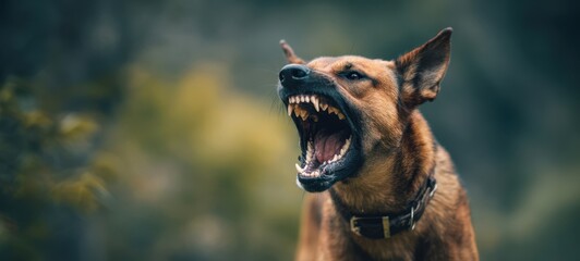 Fototapeta premium The Dog Showing Aggressive Snarling Expression With Bared Teeth In Forest Closeup