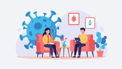 Obraz premium Two people sit in armchairs, one reading, other on tablet, near virus image