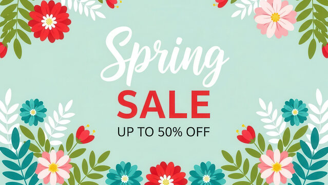 Vibrant spring sale banner with colorful floral borders offering up to 50% off seasonal products
