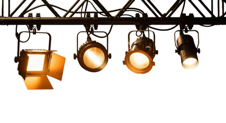 Stage lights hanging from truss system isolated on transparent background