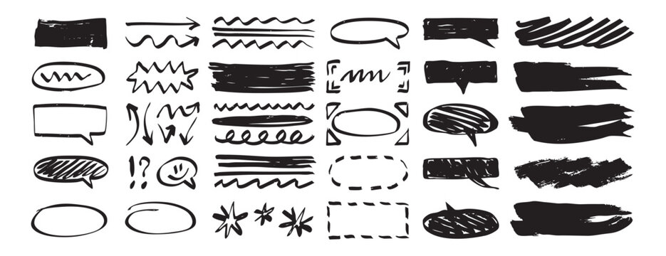 Hand drawn doodle elements set. notes, school, creative dairy design. speech bubbles, arrows and underlines, scribbles and highlights 