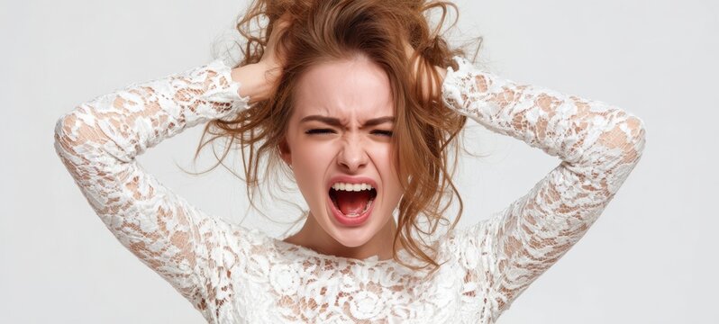 The Woman in White Lace Dress Screaming in Frustration with Hands in Hair
