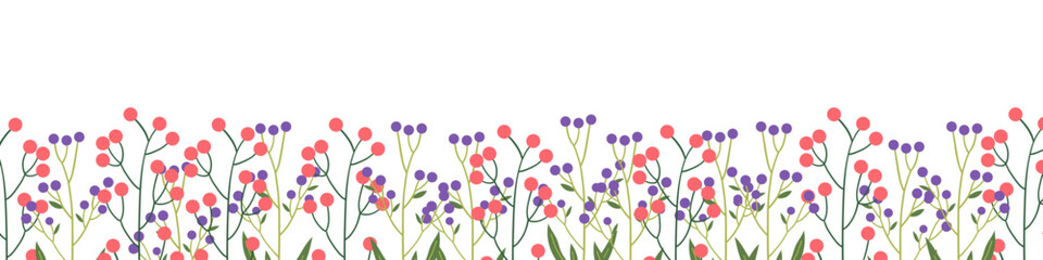 Floral Border with Botanical Plants and Berries. Spring Floral Frame. Vector Hand Drawn Illustrations