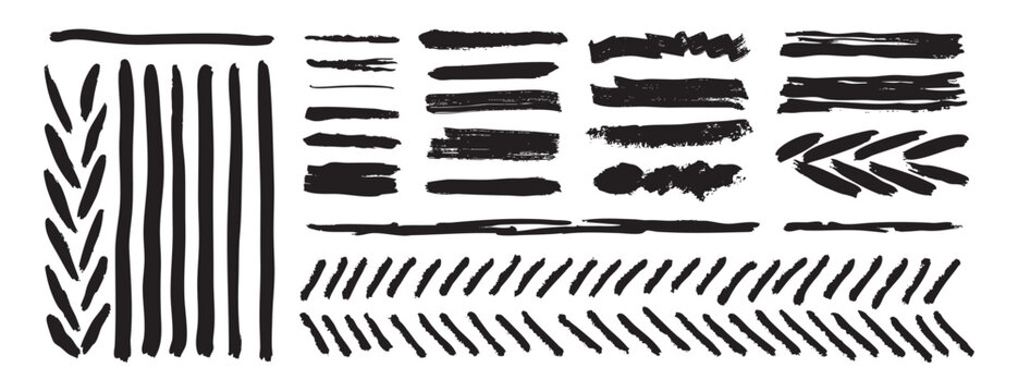 black ink grunge brush strokes, hand drawn. Suitable for stickers, logos, posters, packaging and printable projects.