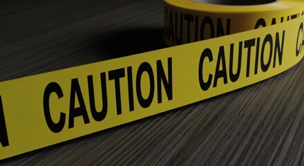 Caution Tape Barrier Yellow Warning Ribbon on Dark Wood Surface Closeup.