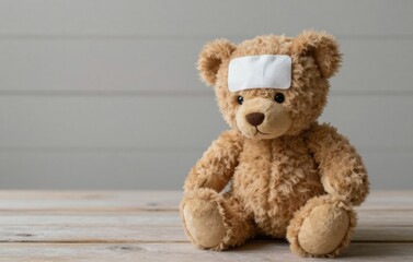 Fototapeta premium Injured Teddy Bear with Bandage on Head, Caring for Sick Child, Childhood Accident