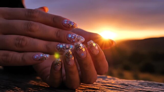 Close-up of hands with nail art against a sunset backdrop, light reflecting off wooden surface
