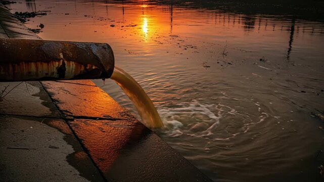 Rusty drainpipe releasing polluted water into urban river at sunset.