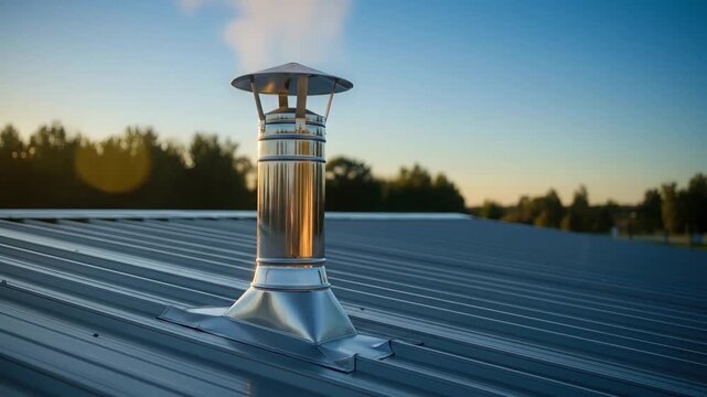 Stainless steel roof vent pipe on metal rooftop in morning light.