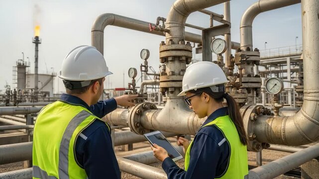 Engineers inspect industrial pipelines