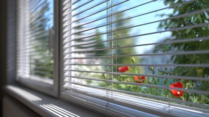 Fototapeta premium Horizontal Blinds On Window Looking Outside To Garden With Flowers