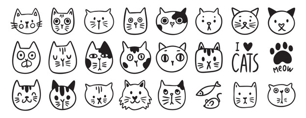 Cat face doodle set, hand drawn cute kitty vector clipart, emoticon, isolated illustration for children card coloring cartoon kawaii © Yanka