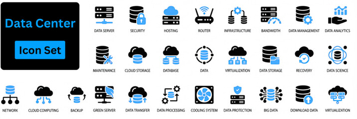 Data Center icon set. Data center solid icon set. Containing data analytics, security, server, hosting, computer, internet, cloud computing, technology, big data, database and more.