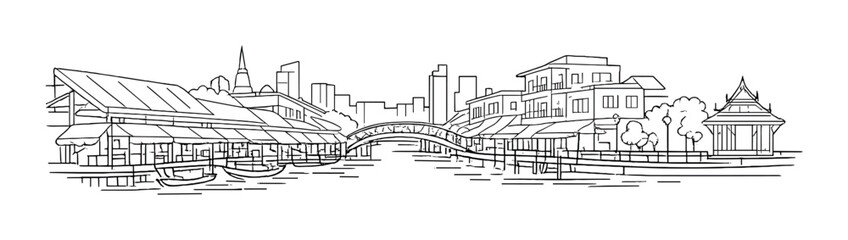 Black and white riverside townscape with traditional architecture