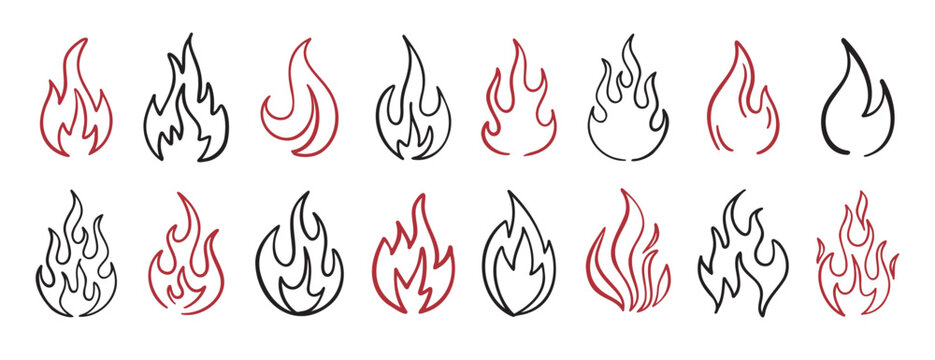 Hand drawn flames doodle set simple line art fire design