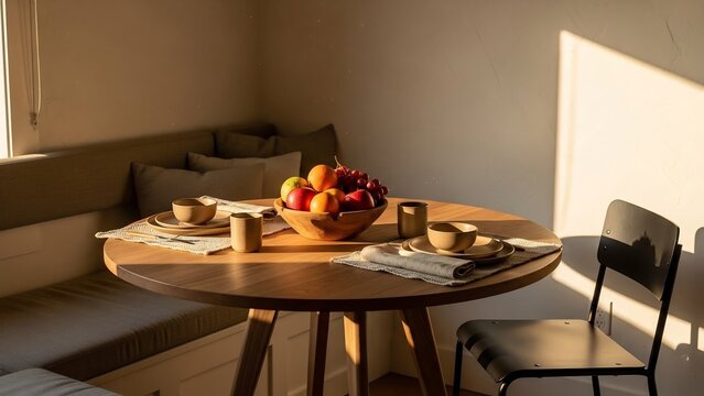Warm morning light illuminates a round wooden dining table set with a fruit bowl and place settings, adjacent to a comfortable built-in bench.