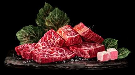 Pixelated Raw Beef Slices With Pink Candy And Dark Background