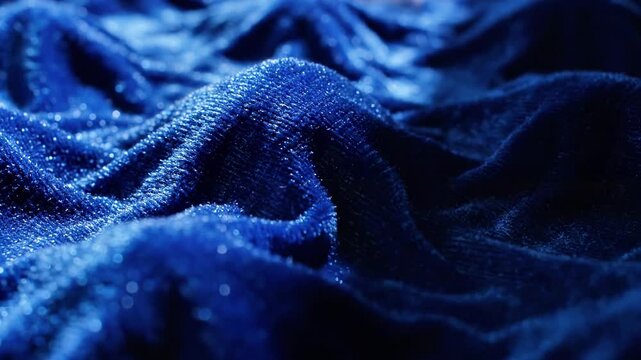 A close-up view of a dark blue fabric with a soft, velvety texture and subtle sheen, featuring gentle folds and creases