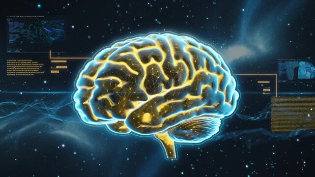 3D semi-transparent human brain floating deep space, neural connections glowing gold electric blue, connecting holographic flowing AI modules, data streams, 3D charts, code fragments, dynamic particle