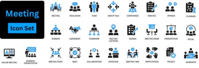 Meeting solid icon set. Business training and workshop icon set contain conference, meeting, business training, team, brainstorm, seminar, interview. 