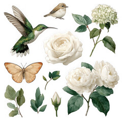 Fototapeta premium Nature's serenity with birds, butterflies, and blooms isolated on transparent background