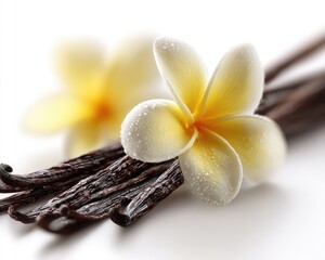 Vanilla Pods With Plumeria Flower On White Background