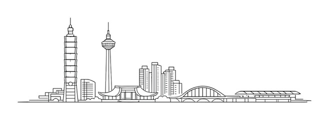 Fototapeta premium Taipei city skyline outline with famous landmarks on gradient background