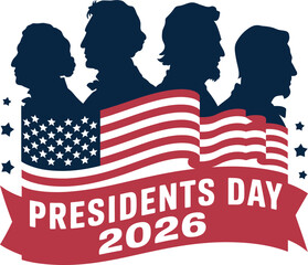 A graphic illustration of four US presidents' silhouettes with an American flag on Presidents Day 2026