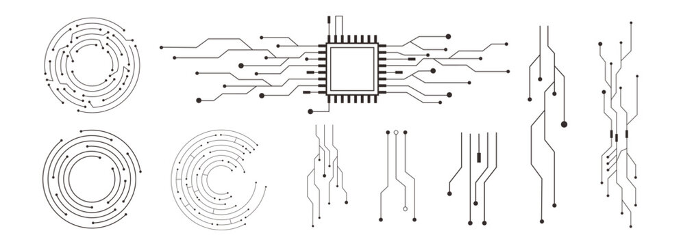 Technology circuit board texture, circle line dots connection. Electronic motherboard illustration. data, electrical board, cpu. Innovative Electronic Network. Technology background, design elements