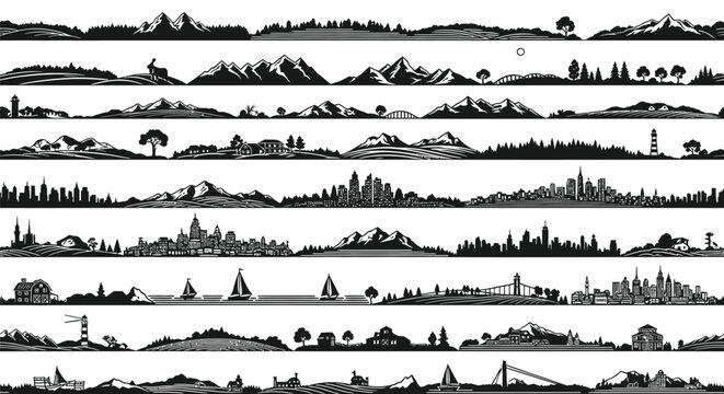Collection of black and white silhouette landscape banners featuring diverse environments including mountains forests city skylines rural areas and coastal elements