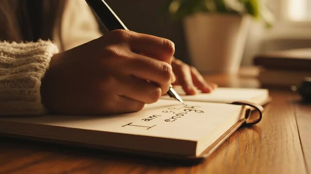 Hands writing journal entry. self care routine concept. mental health awareness. therapy and recovery process. trauma coping mechanism.