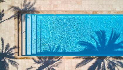 Top View of a Pristine Swimming Pool with Palm Tree Shadows.