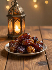 Ramadan Iftar Scene with Dates and Glowing Lantern