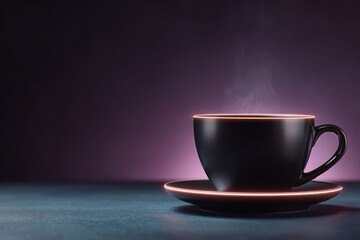 Steaming cup of coffee on dark background