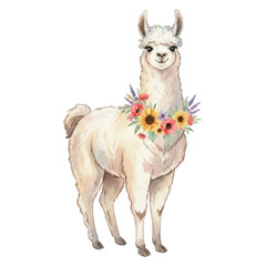 Obraz premium Watercolor Llama Vector Illustration Isolated on White Background, Summer Farm Animal Art 