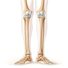 Detailed medical illustration of human leg bones including femur, tibia, and fibula isolated on white background. Anatomically accurate lower limb skeleton perfect for orthopedic and educational use.