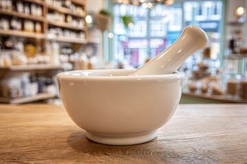 White Ceramic Mortar And Pestle On Wooden Table