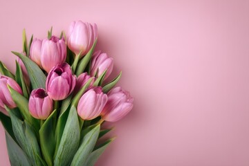 Obraz premium Pink Tulips Bouquet On Soft Pink Background – Fresh Spring Flowers Arrangement For Gift, Home Decor, Or Studio Stock Photo