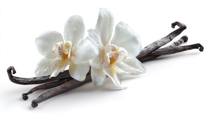 Vanilla Orchid Flowers And Beans On White Background