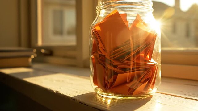 Glass jar filled with orange notes. mental health awareness symbol. self injury awareness day. concept of coping mechanism. holding painful memories.