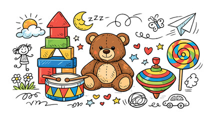 Obraz premium Colorful children's toys with teddy bear, blocks, and playful doodles