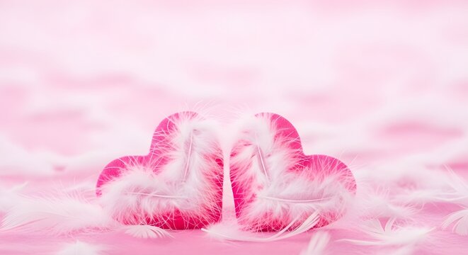 Valentine's day pink heart shaped feathers on soft pastel background for romantic ambiance and love celebrations