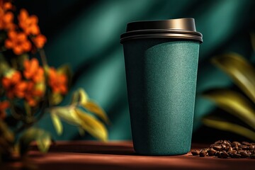 Green eco-friendly coffee cup with plants and beans
