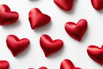 Fototapeta premium Red satin hearts creating love pattern on white background