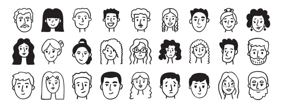 Characters faces avatars set collection doodle hand drawn icon. Outline drawing people head line clipart symbol.