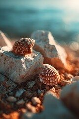Seashells On Rocks At Sunset Beach