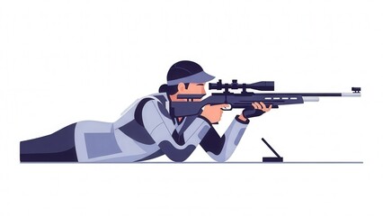 Child Boy Lying Down and Looking Through Scout Rifle Equipped with Scope