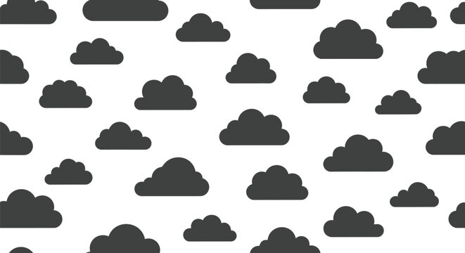 Simple seamless pattern featuring numerous stylized dark gray cumulus cloud silhouettes scattered randomly